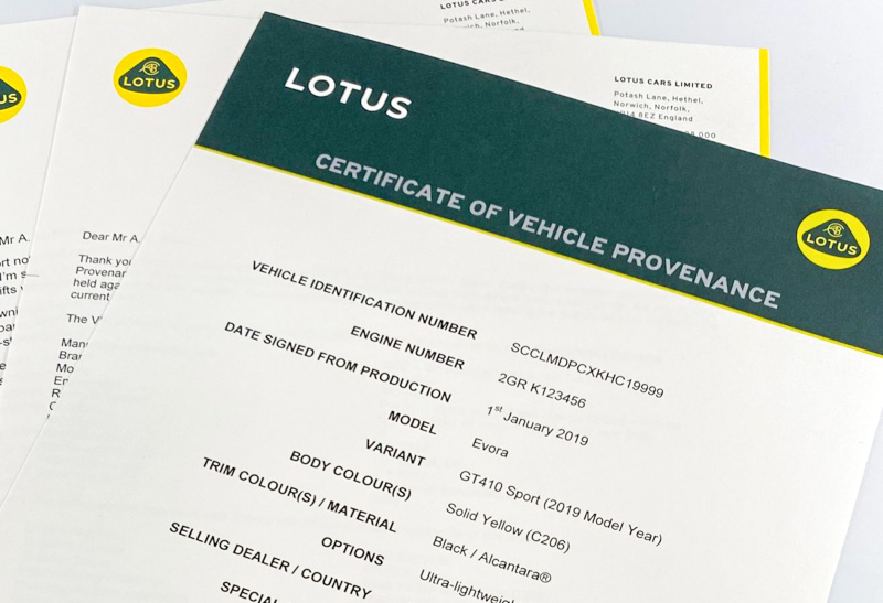 Certificato di Provenienza Lotus
